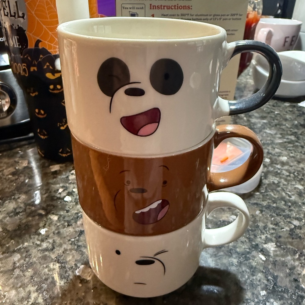 Playful Stackable Animal Face Mugs - Black, Brown, White